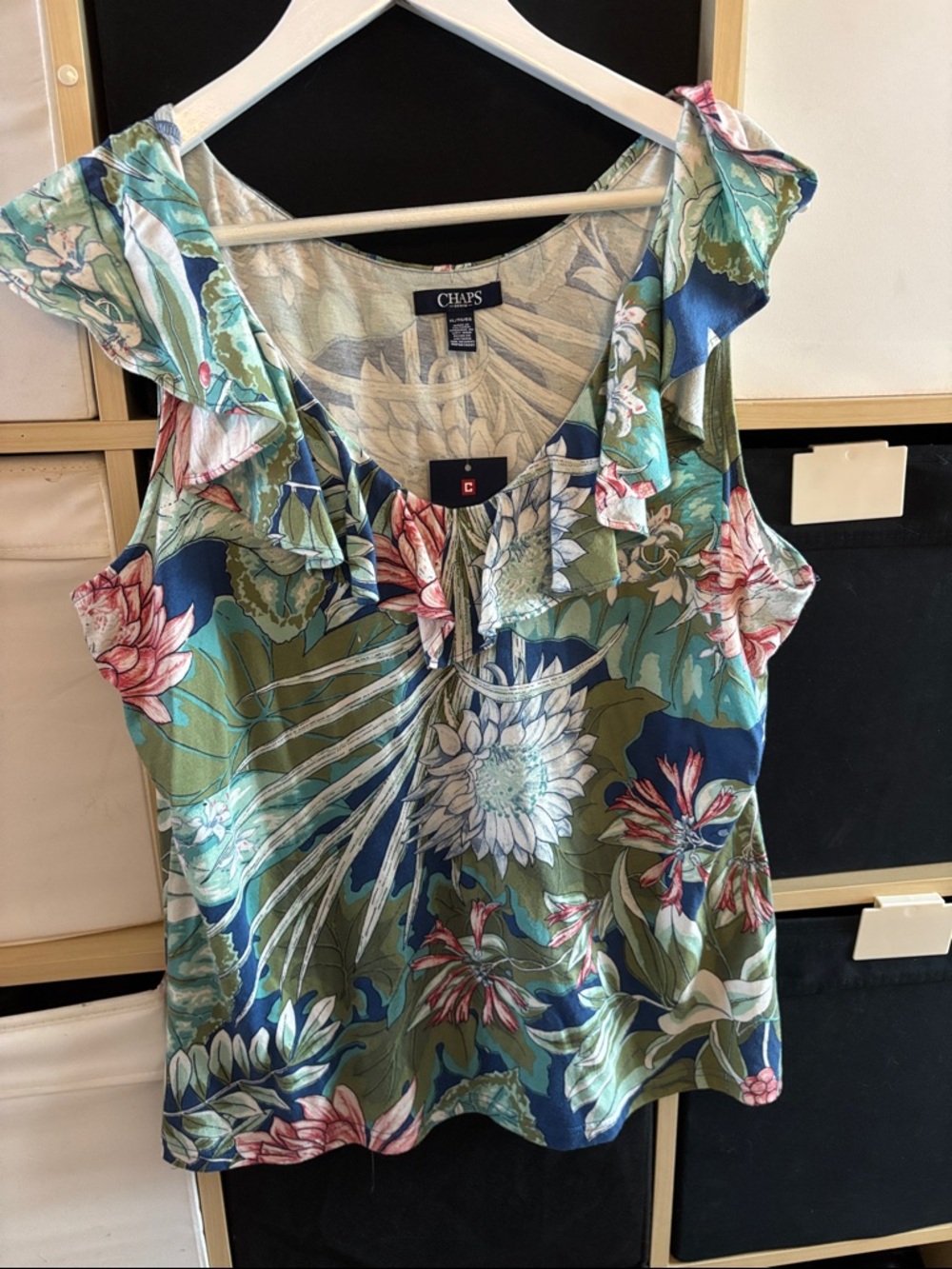 Chaps Floral Ruffle V-Neck Tank Top in Blue Green XL NWT